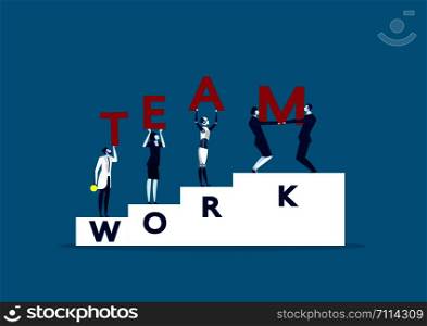 five businessmen holding teamwork word. Team work business partnership management and collaboration concept. vector