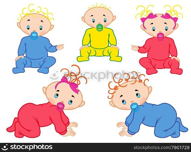 Five cartoon vector babies isolated on white background. Five babies isolated on white background