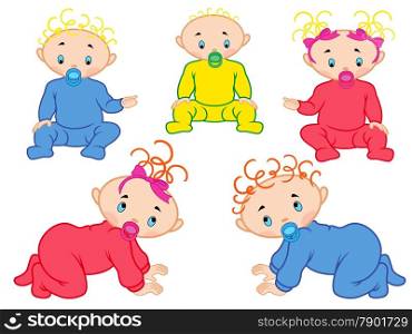 Five cartoon vector babies isolated on white background. Five babies isolated on white background
