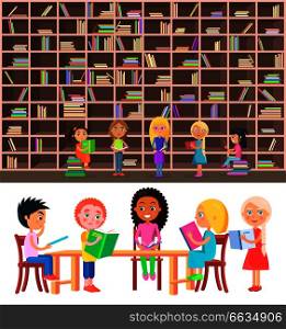 Five children sitting at wood table and reading colored books in library with big bookcase vector illustration flat design.. Kids Sitting at Table in Library with Big Bookcase