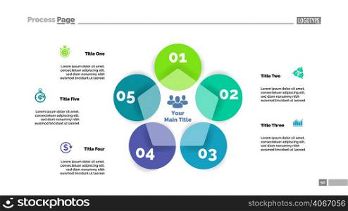 Five circle flowchart slide template. Business data. Graph, diagram, design. Creative concept for infographic, web design. Can be used for topics like management, business development, strategy