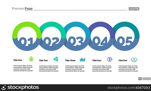 Five circle flowchart with description slide template. Business data. Graph, diagram, design. Creative concept for infographic, report. Can be used for topics like strategy, plan, startup