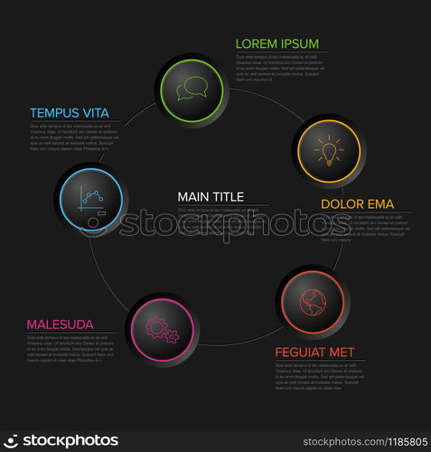 Five circles diagram template with color circle buttons - multipurpose dark infographic. Vector Infographic timeline template