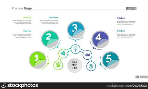 Five circles process chart slide template. Business data. Step, point, design. Creative concept for infographic, presentation, report. Can be used for topics like marketing, finance, production.