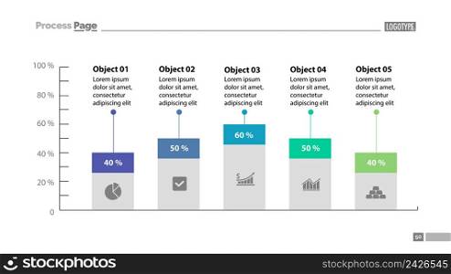 Five columns bar chart slide template. Business data. Percentage, comparison, design. Creative concept for infographic, presentation, report. Can be used for topics like management, finance, statistics.