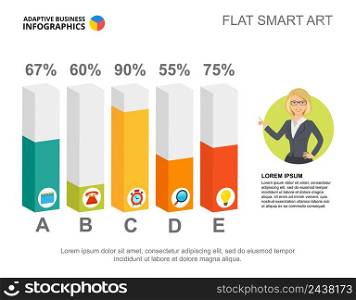 Five columns bar chart template for presentation. Vector illustration. Diagram, graph, infochart. Leadership, consulting, planning or statistics concept for infographic, report.
