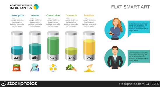 Five columns financial bar chart. Business data. Percent, currency, diagram. Creative concept for infographic, templates, presentation. Can be used for topics like accounting, finance, analysis.