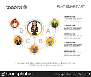 Five connected circles process chart template for presentation. Business data. Abstract elements of diagram, graphic. Company, leadership, teamwork or marketing creative concept for infographic.