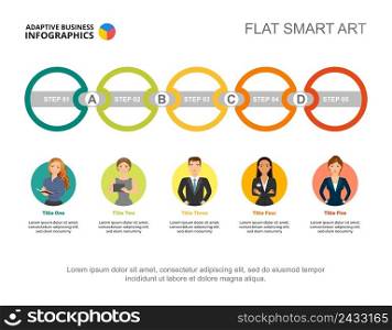 Five connected circles process chart template for presentation. Business data. Abstract elements of diagram, graphic. Company, management, teamwork or marketing creative concept for infographic.