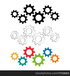 Five connected gear wheels icon in trendy flat style. Colorful, contour and silhouette illustrations design suitable for business infographic and web design, symbolizing teamwork and connection.. Gears machinery pieces set in different colors