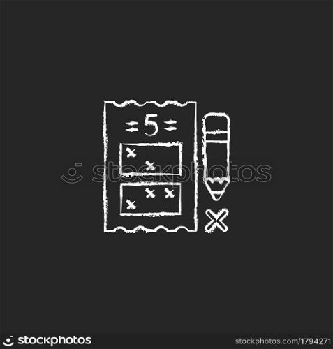 Five digit lottery game chalk white icon on dark background. Choosing five numbers for combination. Fixed prize structure. Picking random numbers. Isolated vector chalkboard illustration on black. Five digit lottery game chalk white icon on dark background