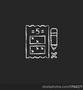 Five digit lottery game chalk white icon on dark background. Choosing five numbers for combination. Fixed prize structure. Picking random numbers. Isolated vector chalkboard illustration on black. Five digit lottery game chalk white icon on dark background