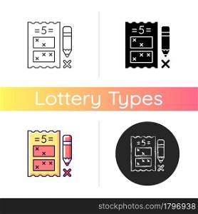 Five digit lottery game icon. Choosing five numbers for winning combination. Fixed prize structure. Picking random numbers. Linear black and RGB color styles. Isolated vector illustrations. Five digit lottery game icon
