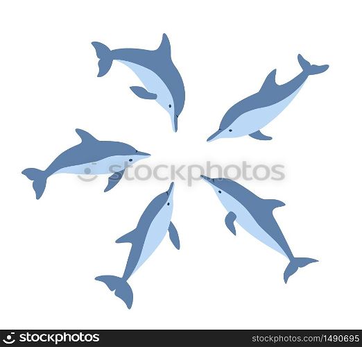 Five dolphins in a circle look at one place. Isolated vector illustration in cartoon and flat style on white background. Five dolphins in a circle look at one place. Isolated vector illustration in cartoon and flat style
