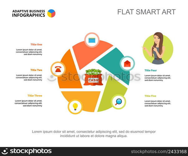 Five elements process chart template for presentation. Business data visualization. Profit, strategy, finance or marketing creative concept for infographic, report, project layout.