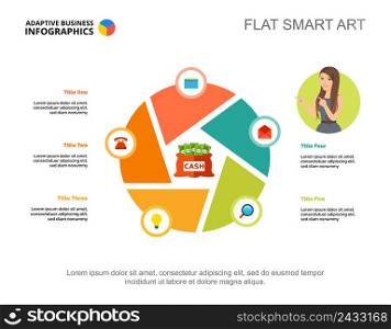 Five elements process chart template for presentation. Business data visualization. Profit, strategy, finance or marketing creative concept for infographic, report, project layout.