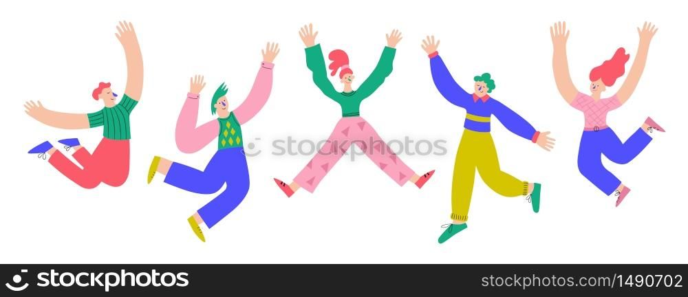 Five fun positive people jumping in the air with raised hands. Trendy men and women. Colorful vector illustration in doodle and flat style on white background. Five fun positive people jumping in the air with raised hands. Trendy men and women. Colorful vector illustration
