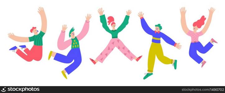 Five fun positive people jumping in the air with raised hands. Trendy men and women. Colorful vector illustration in doodle and flat style on white background. Five fun positive people jumping in the air with raised hands. Trendy men and women. Colorful vector illustration