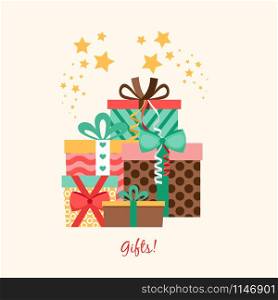 Five gift boxes in flat style, vector poster design. Five gift boxes poster design
