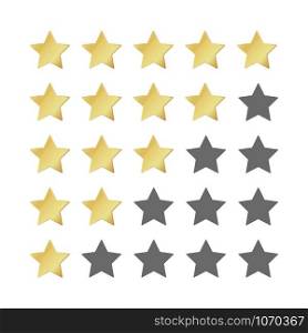 Five gold stars rating. 5 star image realistic leadership symbol. Glossy yellow winner champion rating. Vector illustration restaurant success concept or quality rated icon. Five gold stars rating. 5 star realistic leadership symbol. Glossy yellow winner champion rating. Vector illustration