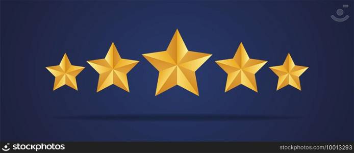 Five golden realistic stars.  Vector golden 3d isolated five stars on dark blue background. Customer feedback concept. Vector 5 stars rating review. Quality shape design. EPS 10