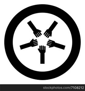 Five hands Group arms Many hands connecting Open palms People putting their hands together Stack hands concept unity icon in circle round black color vector illustration flat style simple image. Five hands Group arms Many hands connecting Open palms People putting their hands together Stack hands concept unity icon in circle round black color vector illustration flat style image