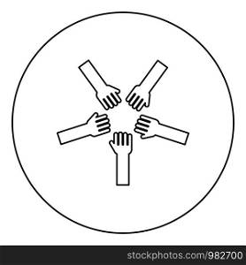 Five hands Group arms Many hands connecting Open palms People putting their hands together Stack hands concept unity icon in circle round outline black color vector illustration flat style simple image. Five hands Group arms Many hands connecting Open palms People putting their hands together Stack hands concept unity icon in circle round outline black color vector illustration flat style image