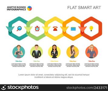 Five hexagons process chart template. Business data. Abstract elements of diagram, graphic. Review, recruitment, marketing or teamwork creative concept for infographic, project layout.