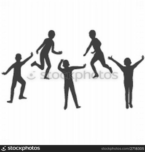 five kids silhouette isolated on white bacground