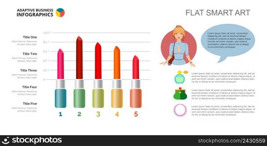Five lipsticks bar chart. Business data. Makeup, diagram, design. Creative concept for infographic, templates, presentation. Can be used for topics like marketing, production, research.