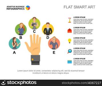 Five managers company process chart template. Business data. Abstract elements of diagram, graphic. Team, leader, recruitment or teamwork creative concept for infographic, project layout.