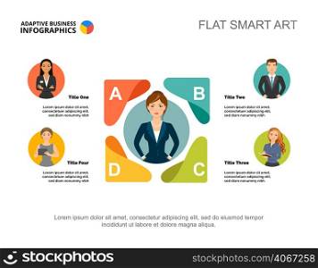 Five managers company process chart template. Business data. Abstract elements of diagram, graphic. Staff, leader, finance or teamwork creative concept for infographic, project layout.
