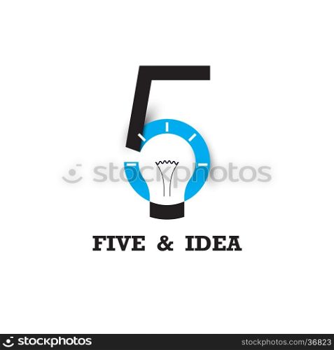 Five number icon and light bulb abstract logo design vector template.Business and education logotype idea concept.Vector illustration