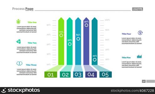 Five options bar chart template for presentation. Vector illustration. Elements of diagram, graph, infochart. Growth, finance, business or analysis concept for infographic, report.