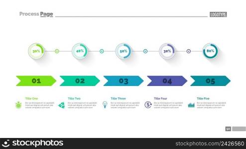 Five options percentage chart slide template. Business data. Arrow, diagram, design. Creative concept for infographic, presentation. Can be used for topics like marketing, statistics, production.