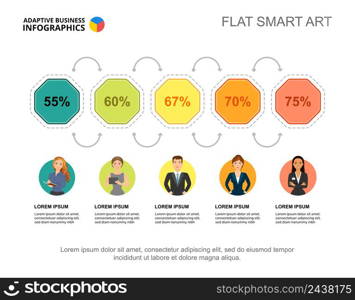 Five options percentage chart template for presentation. Business data. Abstract elements of diagram, graphic. Progress, economy, management or statistics creative concept for infographic, project.