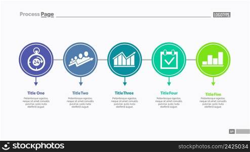 Five options process chart slide template. Business data. Step, diagram, stage. Creative concept for infographic, presentation. Can be used for topics like management, strategy, teamwork.