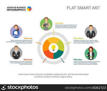 Five people process chart template for presentation. Business data visualization. Strategy, workflow, idea, plan, teamwork or marketing creative concept for infographic, report, project layout.