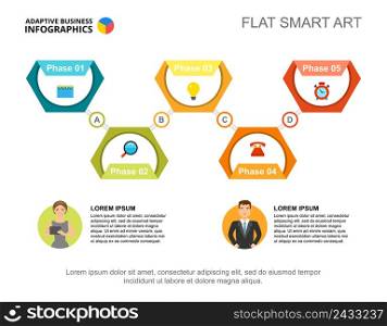 Five phases process chart template for presentation. Vector illustration. Diagram, graph, infochart. Review, consulting, planning or management concept for infographic, report.