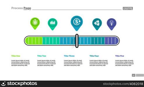 Five pointers scale metaphor process chart template for presentation. Vector illustration. Elements of diagram, graph. Workflow, plan, finance, business or analysis concept for infographic, report.