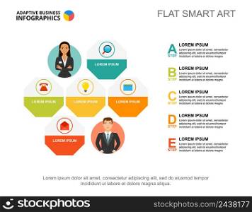 Five points list process chart template for presentation. Business data. Abstract elements of diagram, graphic. Company, management, marketing or production creative concept for infographic.