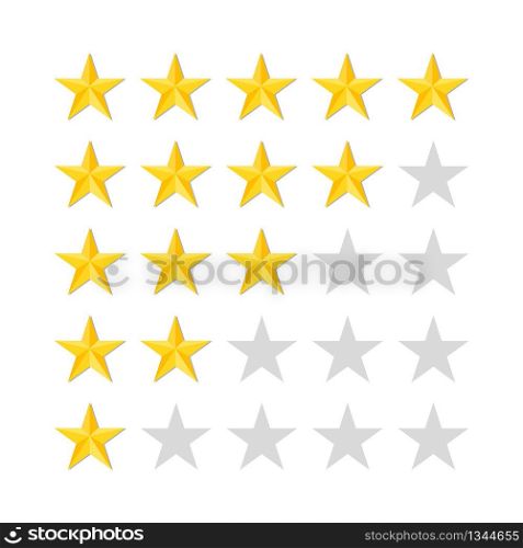 Five rating stars on white background. Top mark of quality or success. High or bad statistics. Gold stars in row for media interface, classification systems. 5 icons of likes. Rank bar in flat. Vector. Five rating stars on white background. Top mark of quality, success. High or bad statistics. Gold stars in row for media interface, classification systems. 5 icons of likes. Rank bar in flat. Vector.