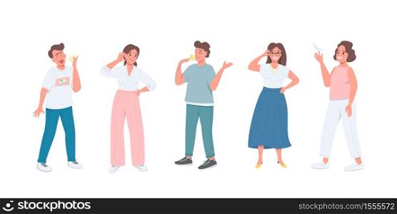 Five senses flat color vector detailed character set. Various facial expressions. Men and women with different emotions isolated cartoon illustration for web graphic design and animation collection. Five senses flat color vector faceless character set