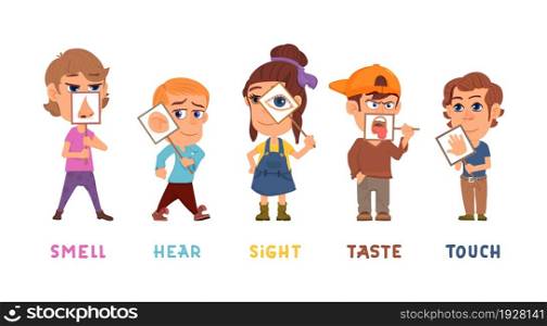 Five senses. Kids sense, taste hear sight smell touch organs. Children holding medicine banner with sensory system, isolated vector. Illustration of perception human, vision and listen, nose and mouth. Five senses. Kids sense, taste hear sight smell touch organs. Children holding medicine banner with sensory system, isolated cartoon decent vector concept