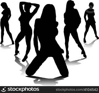 Five sexy women in black silhouette with a drop shadow