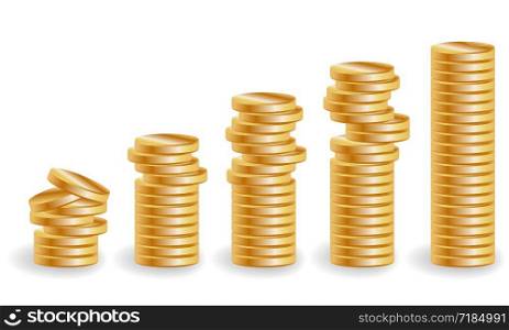 Five stacks of gold coins, an increasing income, Unevenly lying. Five stacks of gold coins, an increasing income
