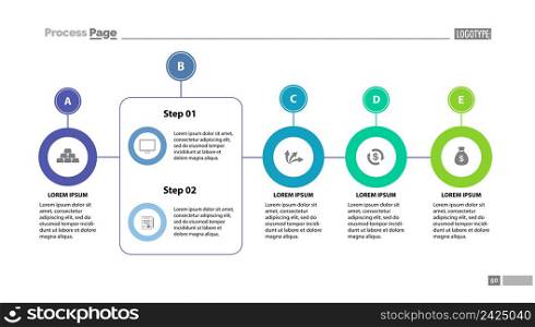 Five stage process chart with slide template. Element of strategy, plan, diagram. Concept for business presentation, templates, annual report. Can be used for topics like business, marketing, finance