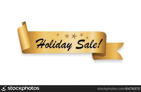 Five star holiday sale text on golden ribbon vector illustration isolated on white. Advertising poster, promotion of discounts, special offer concept. Five Star Holiday Sale Text on Gold Ribbon Vector. Five Star Holiday Sale Text on Gold Ribbon Vector