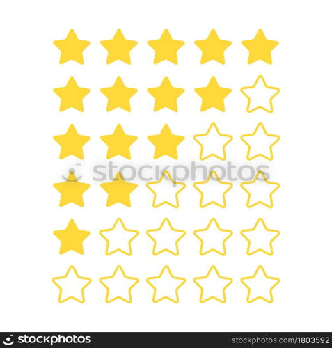 Five star rating. Feedback bar for customers opinion. Flat icon product review. Yellow line and colored stars, web site and application quality rating buttons, vector isolated white background set. Five star rating. Feedback bar for customers opinion. Flat icon product review. Yellow line and colored stars, web site and application quality rating buttons, vector isolated set