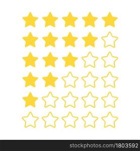 Five star rating. Feedback bar for customers opinion. Flat icon product review. Yellow line and colored stars, web site and application quality rating buttons, vector isolated white background set. Five star rating. Feedback bar for customers opinion. Flat icon product review. Yellow line and colored stars, web site and application quality rating buttons, vector isolated set